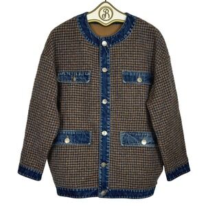 Tweed Denim Trim Wool Jacket Women MEDIUM Houndstooth Retro Old Money Retro Prep